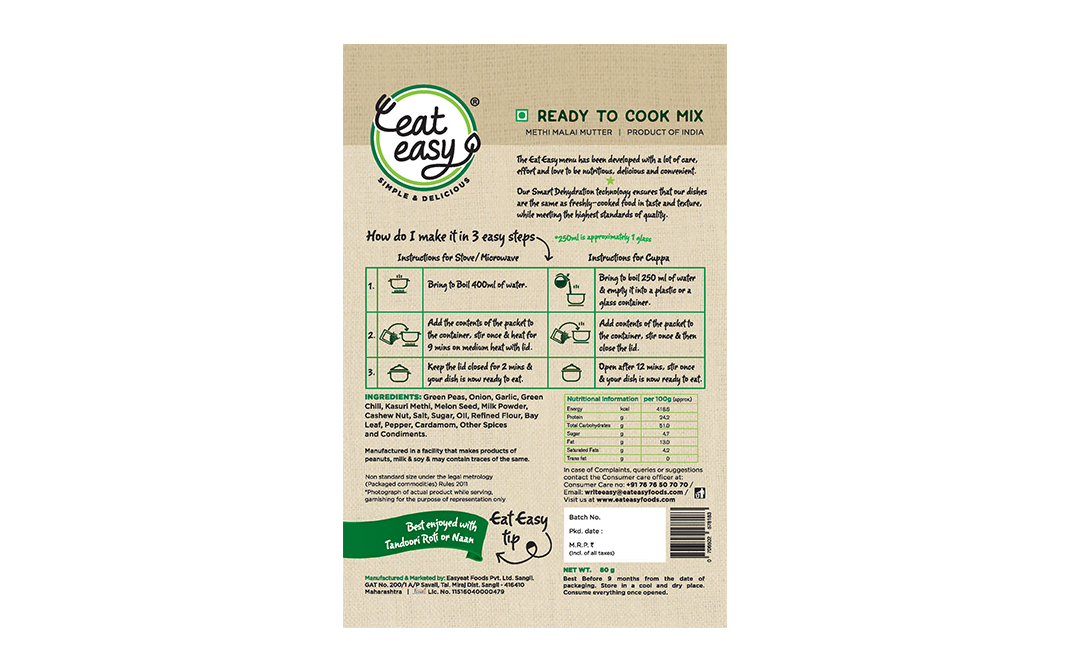 Eat Easy Methi Malai Matar    Pack  80 grams